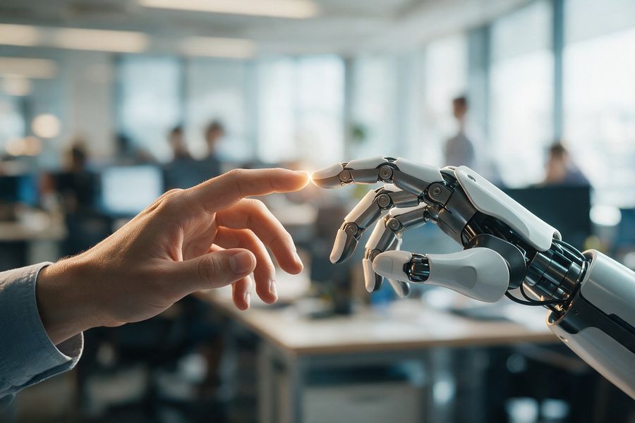 Una mano humana y una mano robótica a punto de tocarse en una oficina