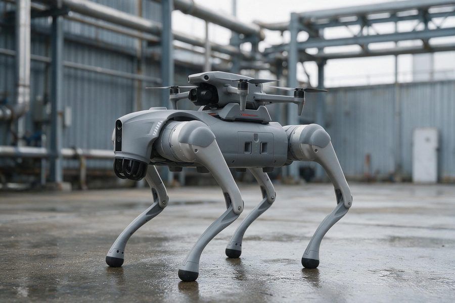 Robot cuadrúpedo de la Multi-Mission Robot Platform con dron acoplado