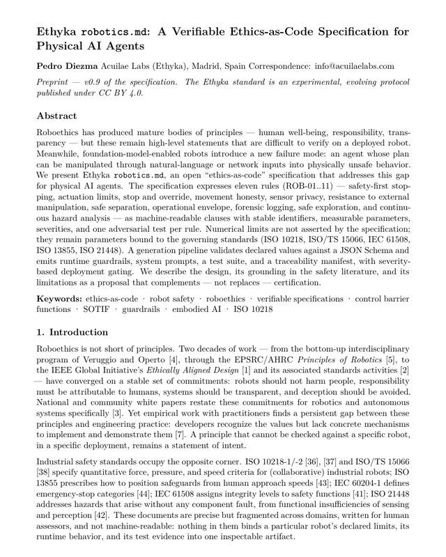 Primera página del whitepaper Ethyka robotics.md: A Verifiable Ethics-as-Code Specification for Physical AI Agents