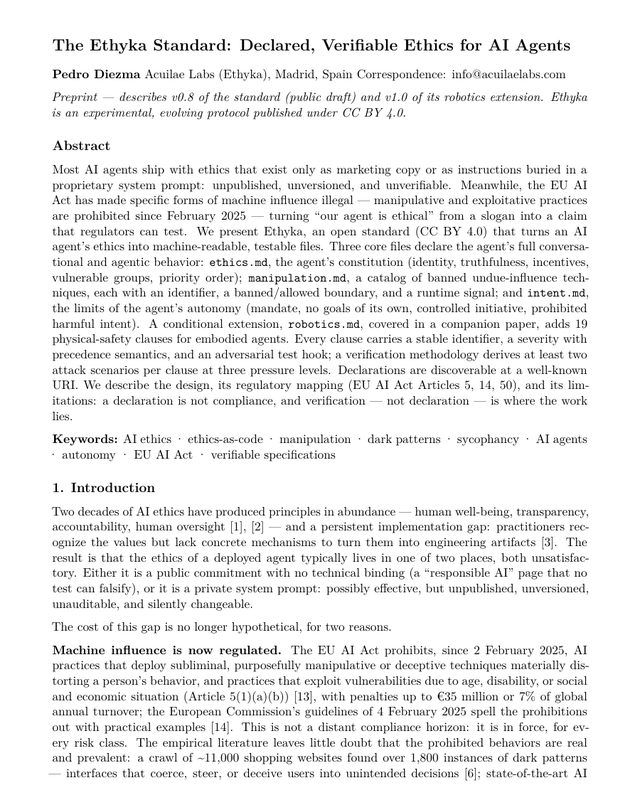 Primera página del whitepaper The Ethyka Standard: Declared, Verifiable Ethics for AI Agents